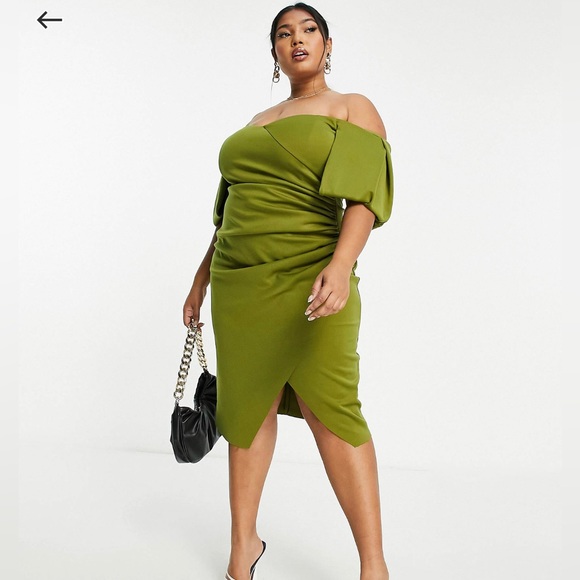 ASOS DESIGN Curve sweetheart off the shoulder midi dress in olive - Picture 1 of 3